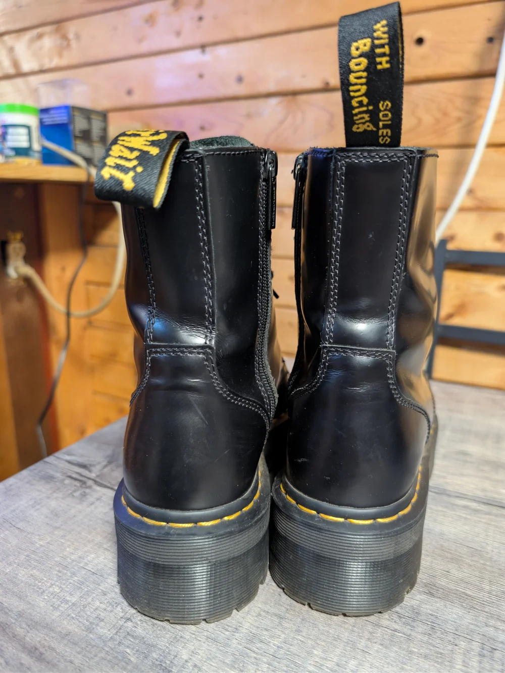 Dr. Martens Black Leather Platform Lace-Up Boots with Yellow Stitching